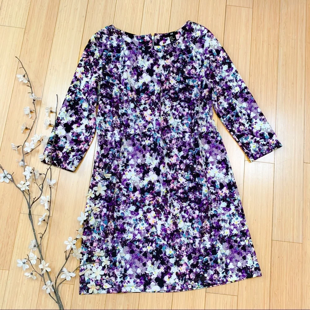 h&m purple floral dress H&M Purple/Green Floral A-Line V-Neck Long Sleeve Dress- Size L  The Saved  Collection